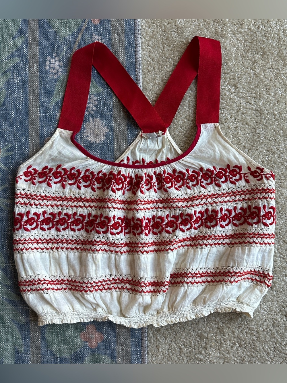 Ecoté Embroidered Red & White Cropped Tank Top